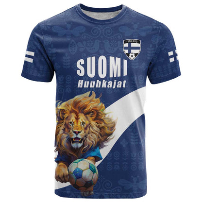 Custom Finland Football Lion Mascot T-Shirt Huuhkajat with Finnish Folk Paterns Graphic Tee