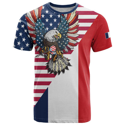 French American Heritage Month T-Shirt Flag Style with USA Eagle and Eiffel Tower Graphic Tee