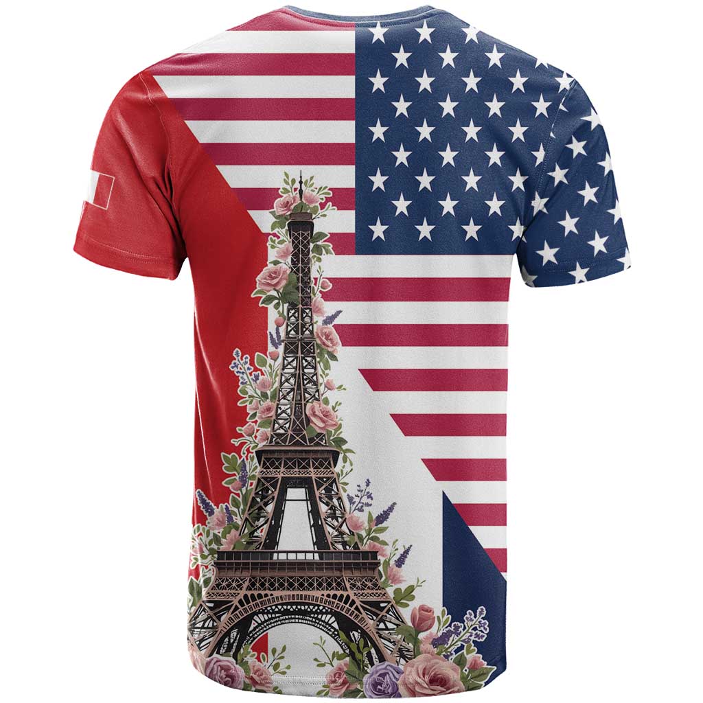 French American Heritage Month T-Shirt Flag Style with USA Eagle and Eiffel Tower Graphic Tee