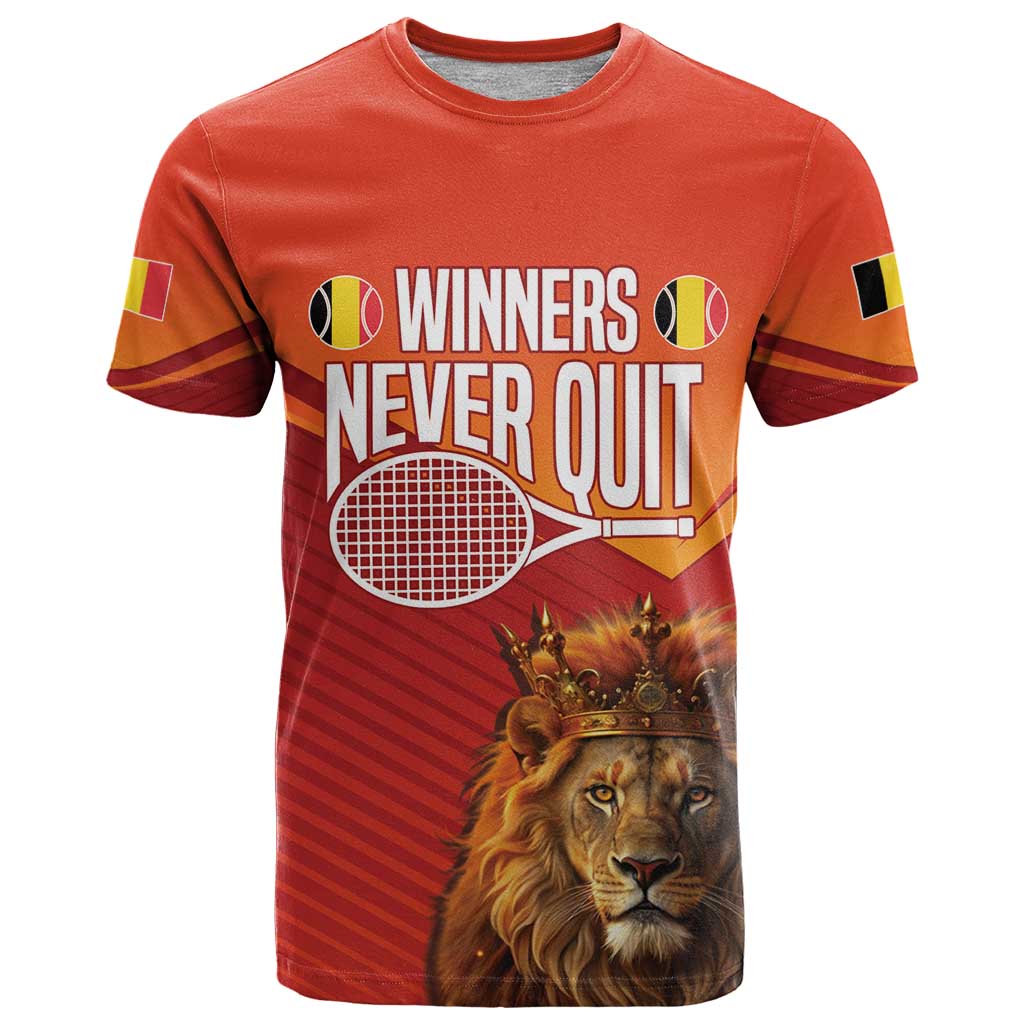 Custom Belgium Tennis Champions T-Shirt Winners Never Quit with A Crowned Lion Graphic Tee