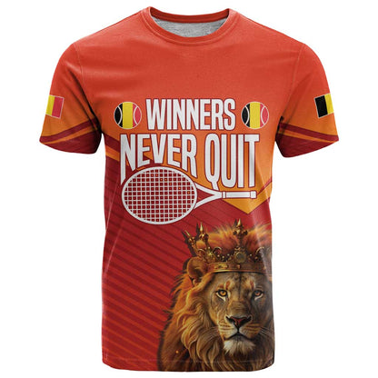 Custom Belgium Tennis Champions T-Shirt Winners Never Quit with A Crowned Lion Graphic Tee