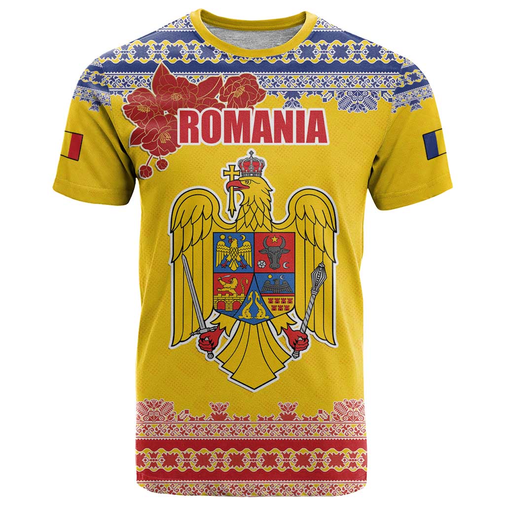 Personalized Vintage Romania Coat of Arms T-Shirt Golden Eagle with Romanian Peony Graphic Tee