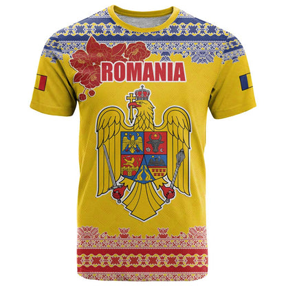 Personalized Vintage Romania Coat of Arms T-Shirt Golden Eagle with Romanian Peony Graphic Tee