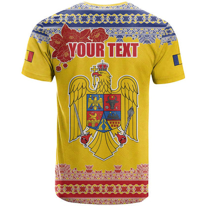 Personalized Vintage Romania Coat of Arms T-Shirt Golden Eagle with Romanian Peony Graphic Tee