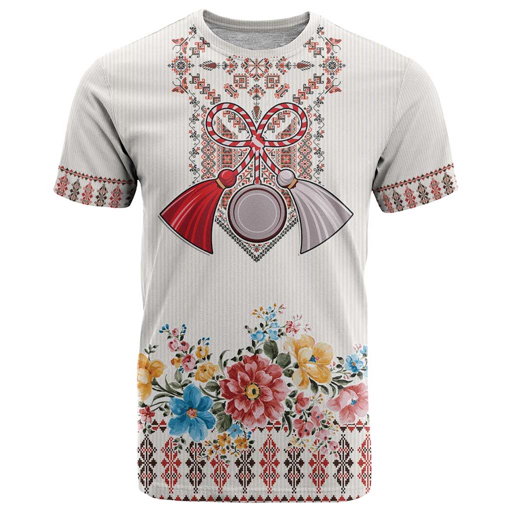 Romania Happy Martisor Day 1 March T-Shirt Martenitsa and Peony Romanian Traditional Pattern Graphic Tee
