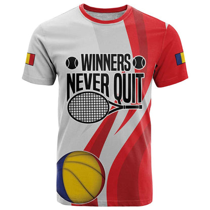 Custom Romania Tennis Winners Never Quit T-Shirt Sporty Style Graphic Tee