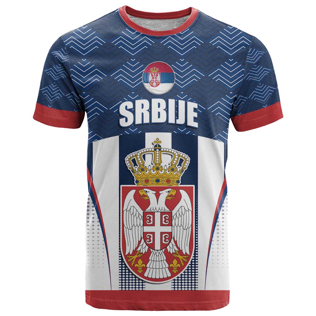 Custom Serbia Basketball Champions T-Shirt Sporty Style with Coat of Arms Graphic Tee