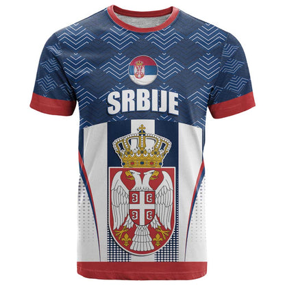 Custom Serbia Basketball Champions T-Shirt Sporty Style with Coat of Arms Graphic Tee