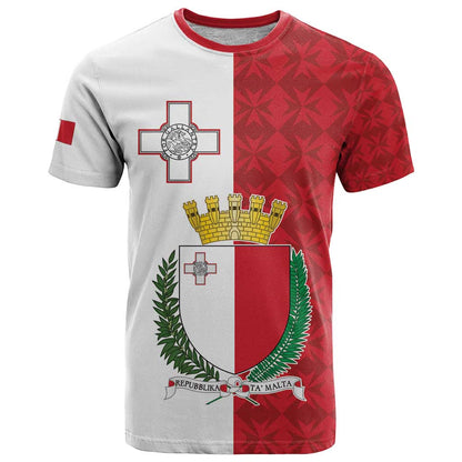Malta Independence Day T-Shirt Flag Style with Coat of Arms Graphic Tee