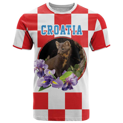 Croatia European Pine Marten and Iris T-Shirt National Animal and Flowers Graphic Tee