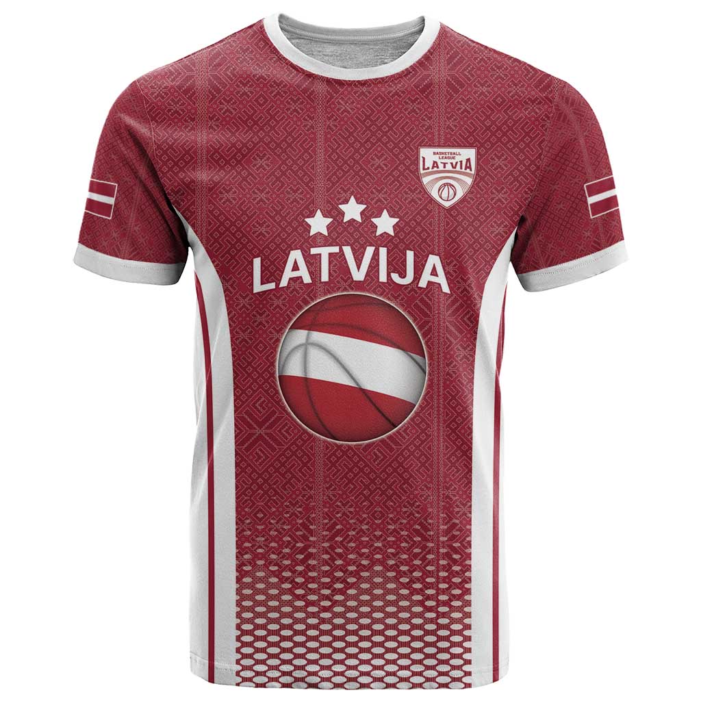 Latvia Basketball Custom T-Shirt Red Latvian Pattern Graphic Tee