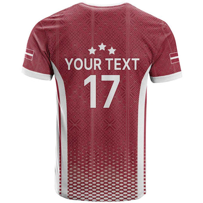 Latvia Basketball Custom T-Shirt Red Latvian Pattern Graphic Tee