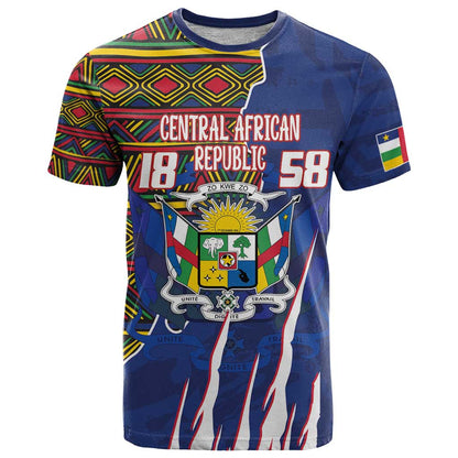 Personalized Central African Republic Since 1958 T-Shirt Coat Of Arms With Kente Pattern Graphic Tee