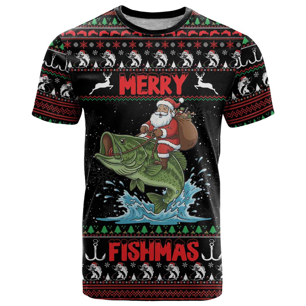 Merry Fishmas Santa Riding Bass Personalized T-Shirt Funny Christmas Graphic Tee
