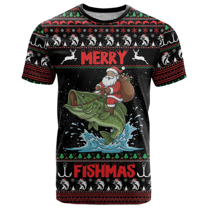 Merry Fishmas Santa Riding Bass Personalized T-Shirt Funny Christmas Graphic Tee