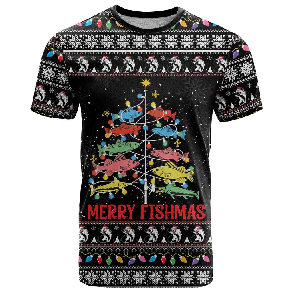 Merry Fishmas T-Shirt Fishing Christmas Tree Lights Graphic Tee