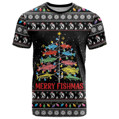 Merry Fishmas T-Shirt Fishing Christmas Tree Lights Graphic Tee