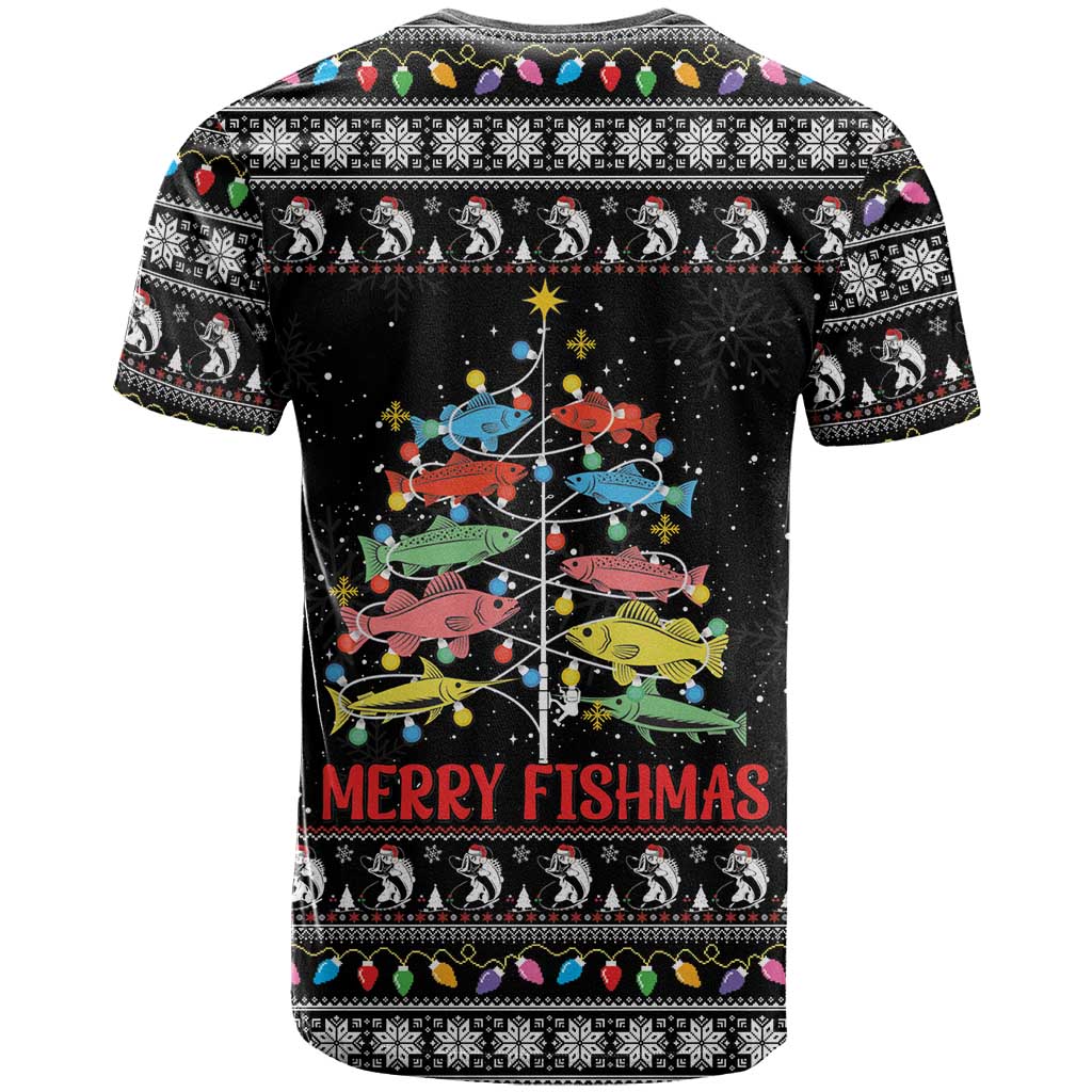 Merry Fishmas T-Shirt Fishing Christmas Tree Lights Graphic Tee