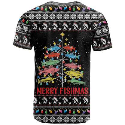 Merry Fishmas T-Shirt Fishing Christmas Tree Lights Graphic Tee