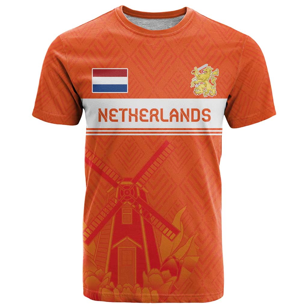 Custom Netherlands Rugby T-Shirt Windmill and Tulips With Jersey Pattern Graphic Tee