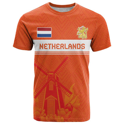 Custom Netherlands Rugby T-Shirt Windmill and Tulips With Jersey Pattern Graphic Tee