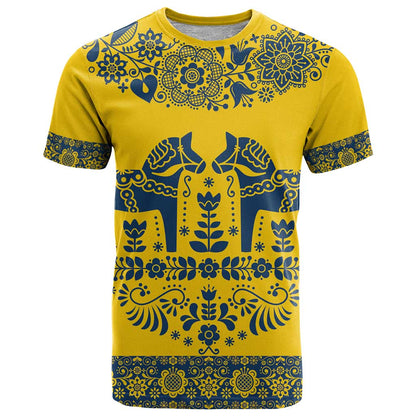 Sweden Dalecarlian Horse T-Shirt Floral Folk Pattern Yellow Version Graphic Tee