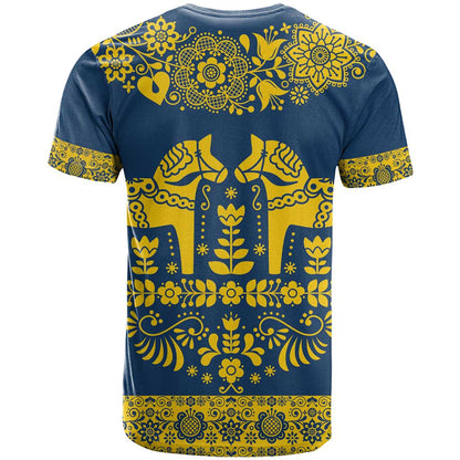 Sweden Dalecarlian Horse T-Shirt Floral Folk Pattern Blue Version Graphic Tee