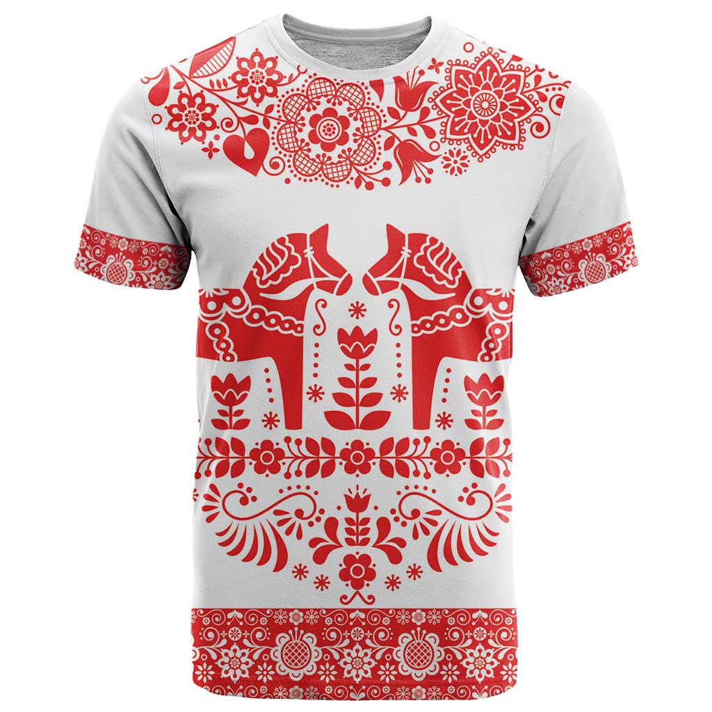 Sweden Dalecarlian Horse T-Shirt Floral Folk Pattern White Version Graphic Tee