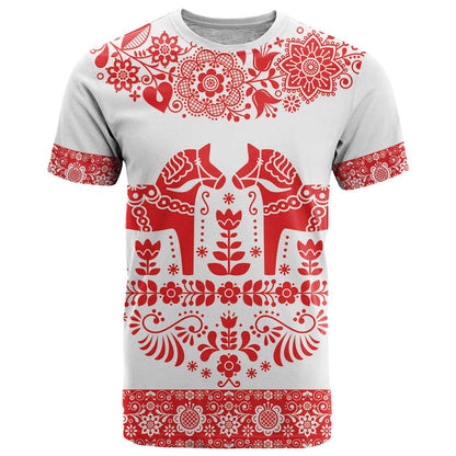 Sweden Dalecarlian Horse T-Shirt Floral Folk Pattern White Version Graphic Tee