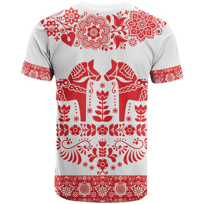 Sweden Dalecarlian Horse T-Shirt Floral Folk Pattern White Version Graphic Tee