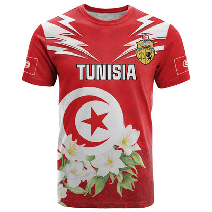 Personalized Tunisia T-Shirt Jasmine Flower and Emblem Graphic Tee