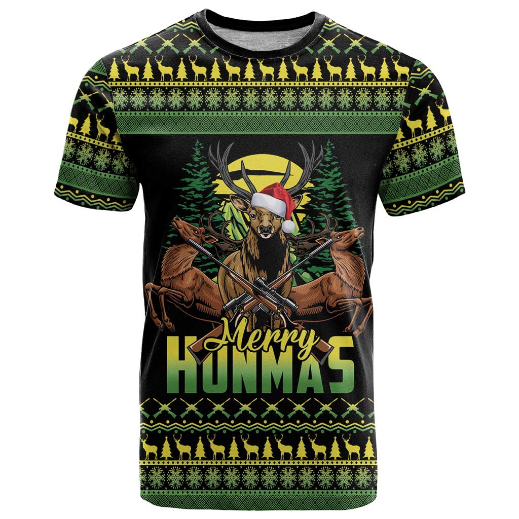 Merry Hunmas T-Shirt Hunter Deer Santa Hat Graphic Tee