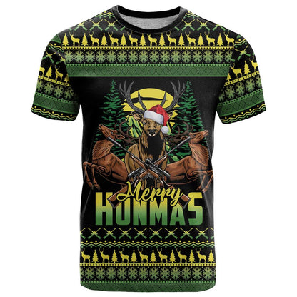 Merry Hunmas T-Shirt Hunter Deer Santa Hat Graphic Tee