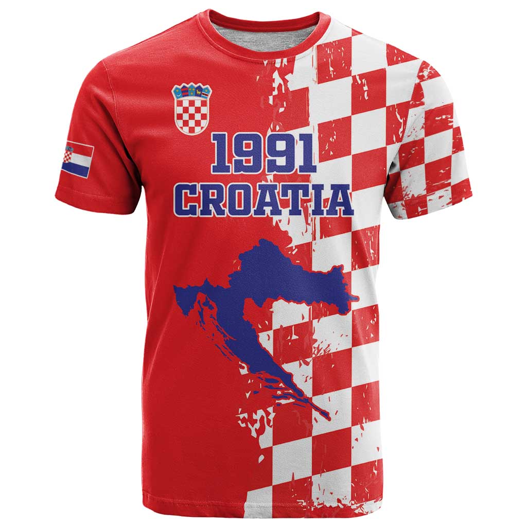 Custom Croatia Independence Day T-Shirt Grunge Checkerboard Patterns With Map Graphic Tee