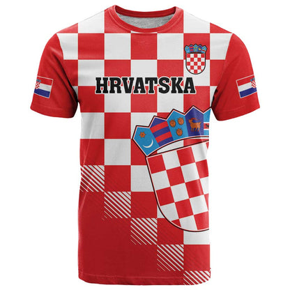 Custom Croatia Checkerboard T-Shirt With Coat Of Arms Graphic Tee
