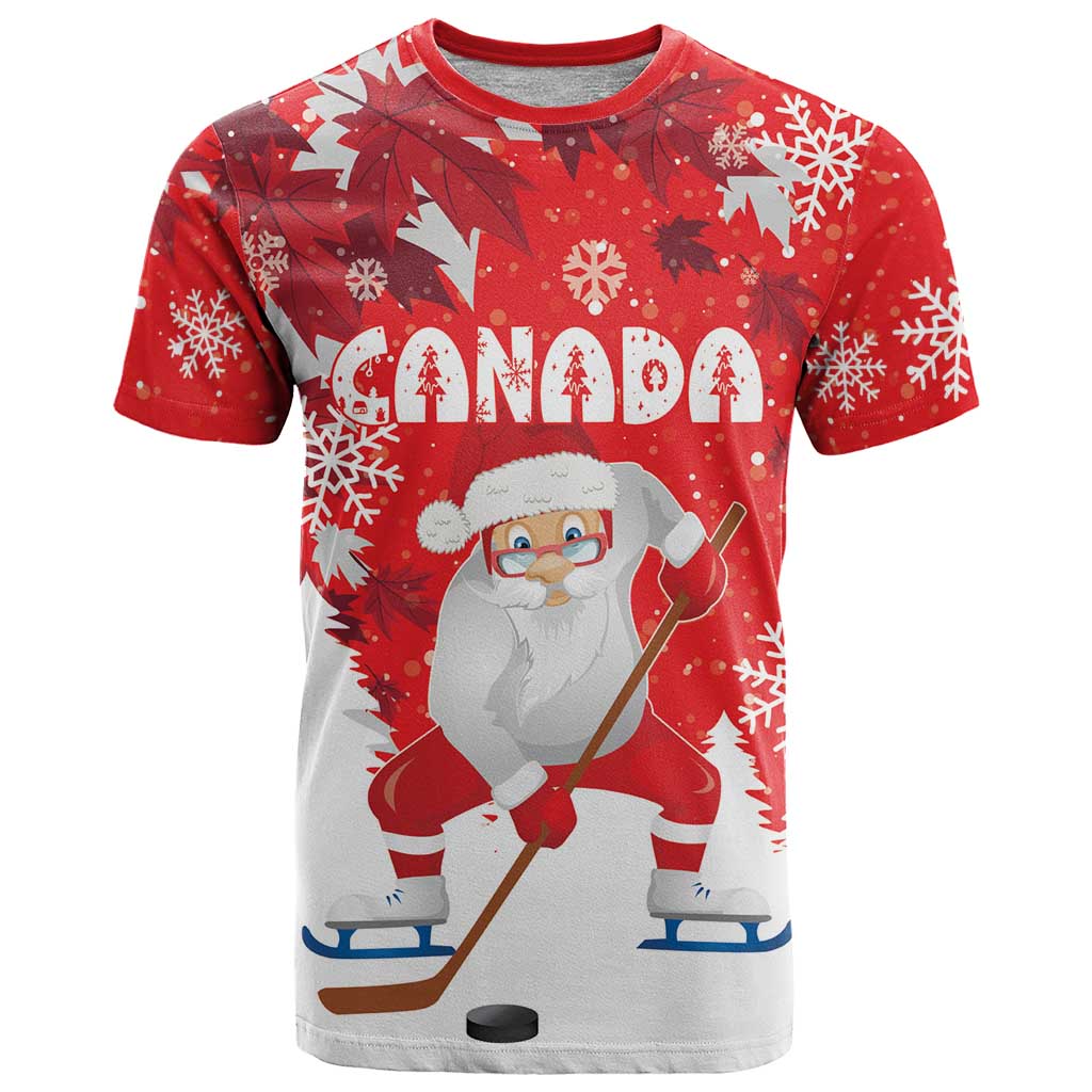 Canada Christmas T-Shirt Santa Play Hockey - Winter Forest Graphic Tee