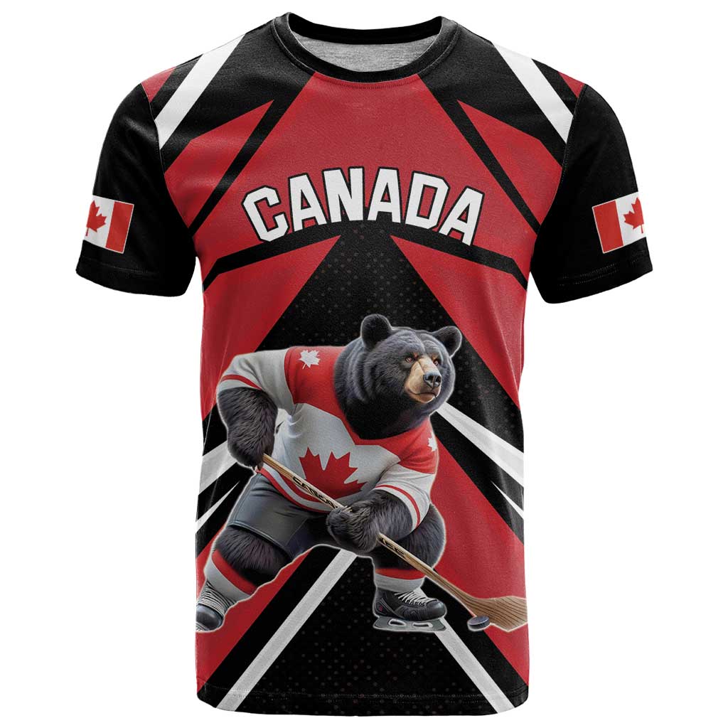 Custom Canada Hockey T-Shirt Black Bear Playing Ice Hockey Graphic Tee