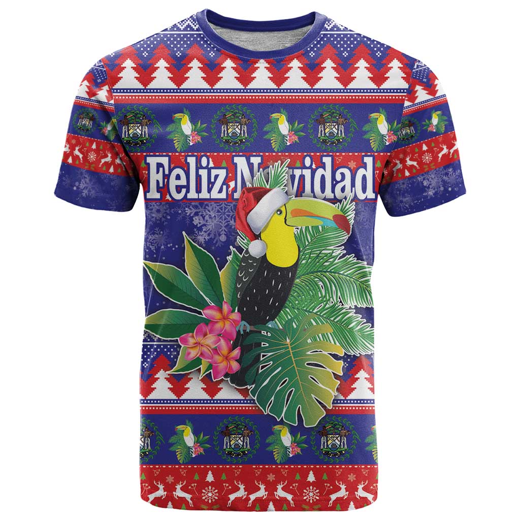 Belize Keel-billed Toucan Bird Christmas T-Shirt Feliz Navidad With Knitted Christmas Pattern Graphic Tee
