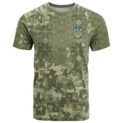 Ukraine Military Vyshyvanka Pattern T-Shirt Tryzub Emblem Tactical Style Graphic Tee