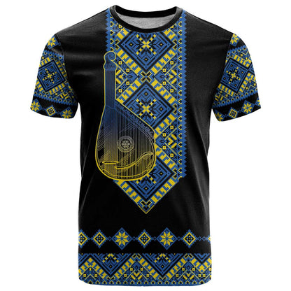 Ukraine Bandura Vyshyvanka Pattern T-Shirt Ukrainian Heritage Folk Black Version Graphic Tee