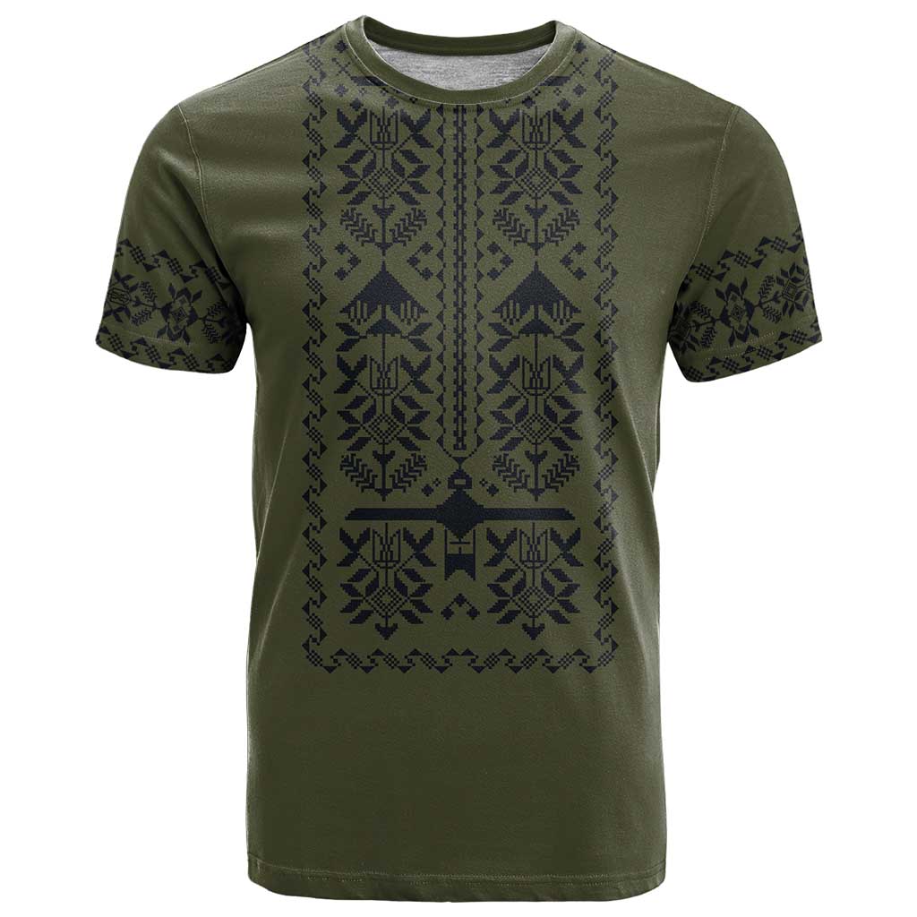 Ukraine Military Vyshyvanka Pattern T-Shirt Ukrainian Heritage Green Tactical Style Graphic Tee