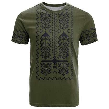 Ukraine Military Vyshyvanka Pattern T-Shirt Ukrainian Heritage Green Tactical Style Graphic Tee