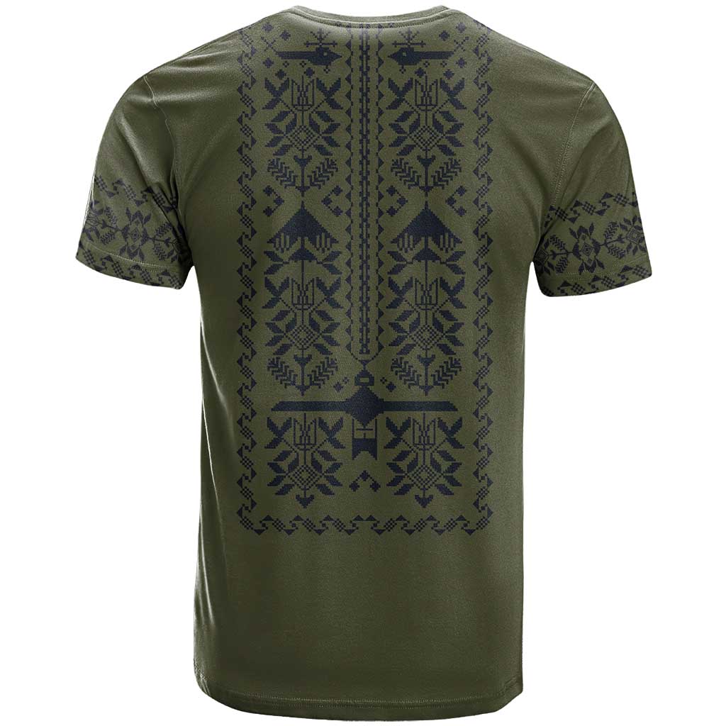 Ukraine Military Vyshyvanka Pattern T-Shirt Ukrainian Heritage Green Tactical Style Graphic Tee