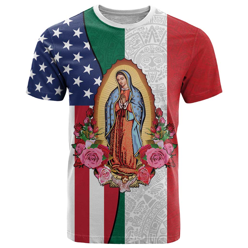 Guadalupe Virgin Mary T-Shirt Mexican American Flag Graphic Tee
