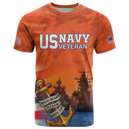 Custom US Navy Veteran T-Shirt With Camouflage Pattern Graphic Tee