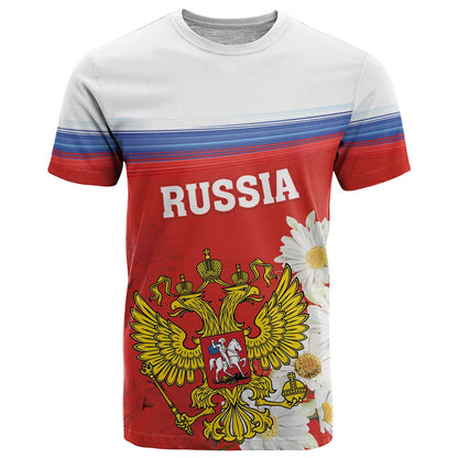 Personalized Russia T-Shirt Coat Of Arms With Chamomile Flower Graphic Tee