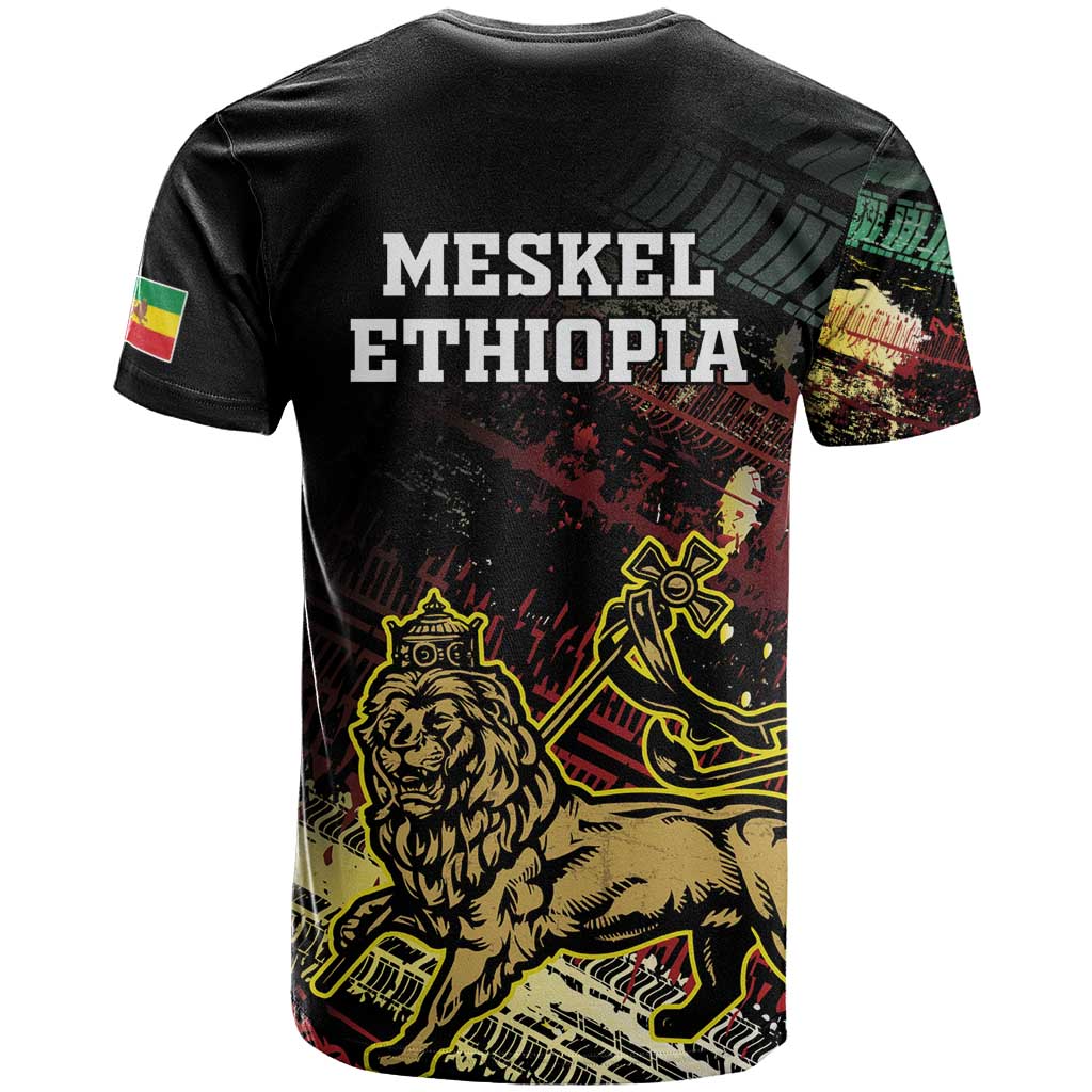 Meskel Ethiopia T-Shirt Lion Of Judah With Grunge Patterns Graphic Tee