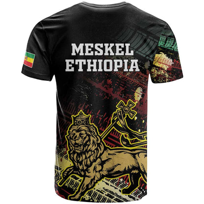 Meskel Ethiopia T-Shirt Lion Of Judah With Grunge Patterns Graphic Tee