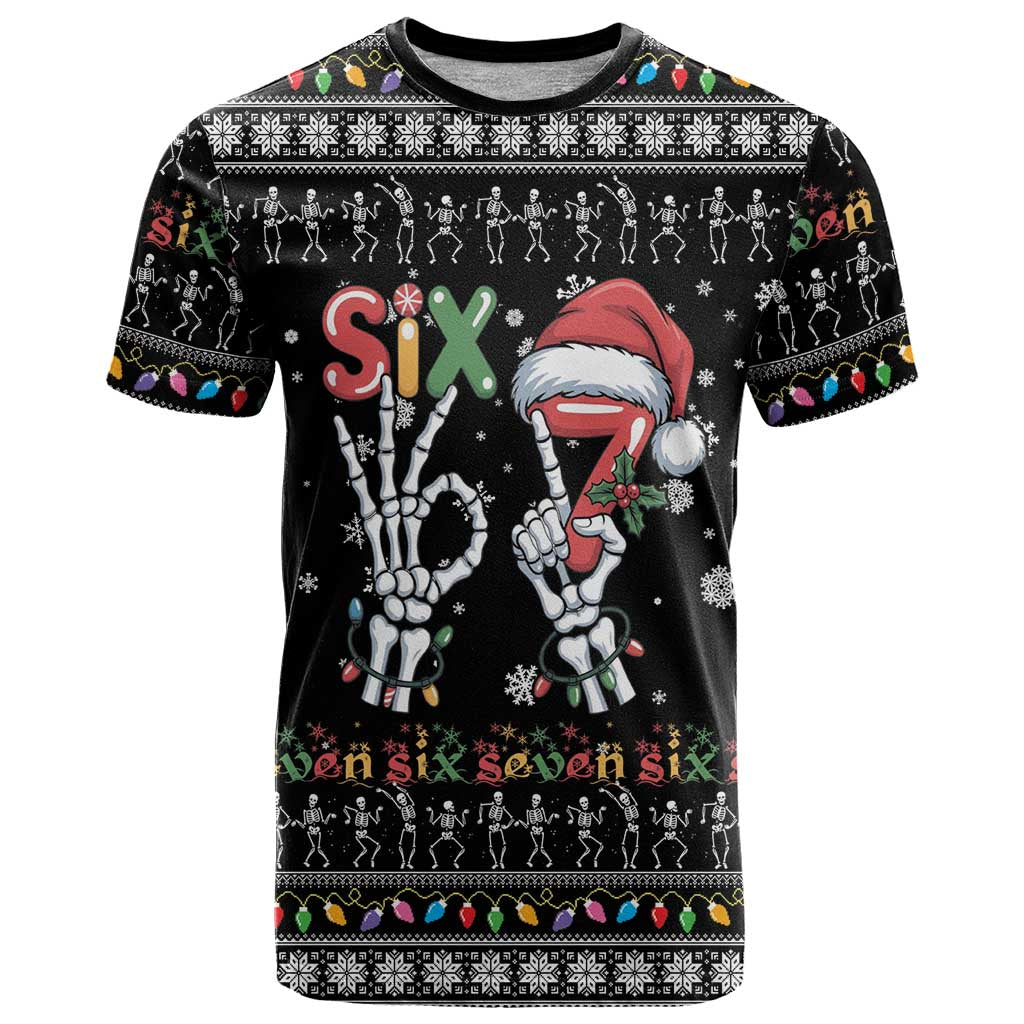 Six Seven Funny Skeleton Fingers Christmas T-Shirt Creepy Santa Skeleton Hands Graphic Tee