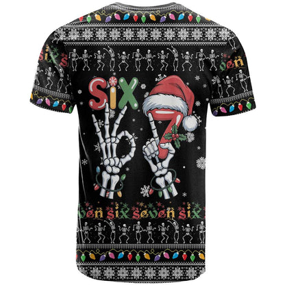 Six Seven Funny Skeleton Fingers Christmas T-Shirt Creepy Santa Skeleton Hands Graphic Tee